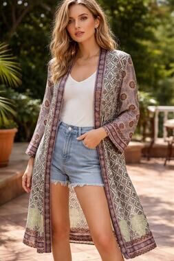 Zara Printed Long Kimono Duster – Boho Open Front Layer – Size M